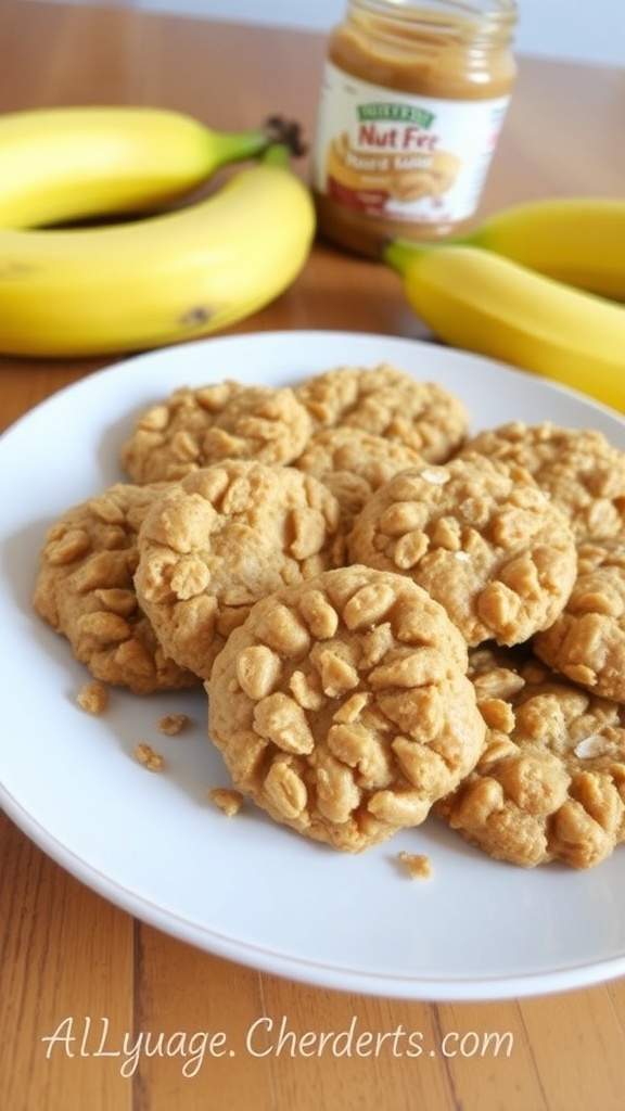 A plate of banana oat cookies with bananas and nut butter in the background.